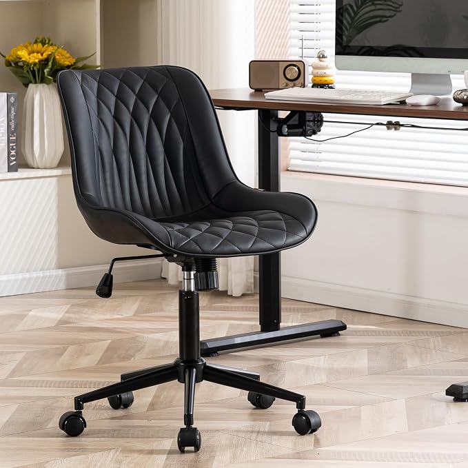 YOUNIKE Black Faux Leather Office Chair Armless Comfy Desk Chair with Rocking Back Cute Swivel Vanity Chair with Wheels Height Adjustable Small Computer Task Chair for Sewing Drafting Ergonomic