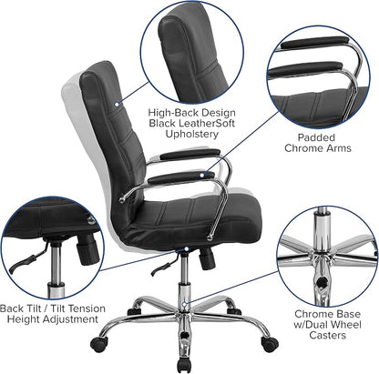 Merrick Lane Milano Contemporary High-Back Black Faux Leather Home Office Chair with Padded Chrome Arms