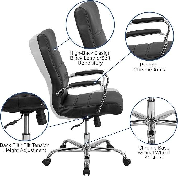EMMA + OLIVER Faux Leather High-Back Swivel Home Office Desk Chair with Wheels, Padded Seat, and Armrests, Adjustable Height Multipurpose Office Chair, Black/Chrome