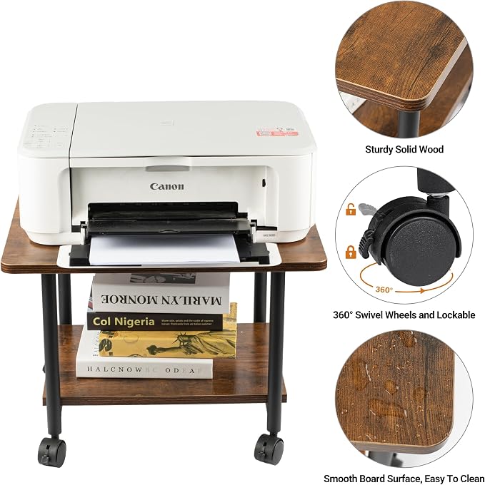 Under Desk Printer Stand - 2-Tier Industrial Mobile Printer Table with Storage Shelf, Heavy Duty Wood Rolling Printer Cart with Wheels for Home and Office,Rustic Brown