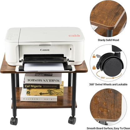 Under Desk Printer Stand - 2-Tier Industrial Mobile Printer Table with Storage Shelf, Heavy Duty Wood Rolling Printer Cart with Wheels for Home and Office,Rustic Brown