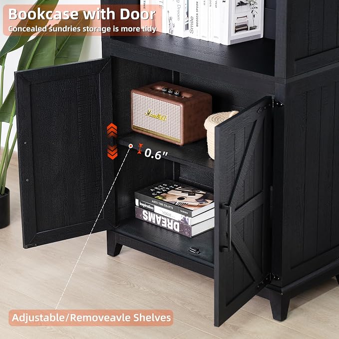 Joaxswe 70in Tall Bookshelf 5 Tier Bookcase with Barn Doors and Adjustable Shelves, Black Farmhouse Book Shelf with Storage Cabinet, Wood Freestanding Display Bookshelves for Bedroom, Kitchen (3PCS)