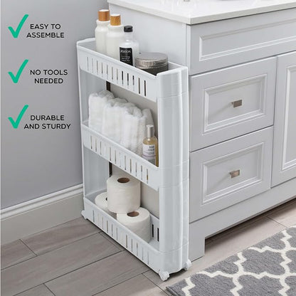 Simplify 3 Tier Slim Slide Out Storage Cart | Multi-Purpose Organization | Rolling | Wheels | Small Space | Laundry Room | Kitchen | Bathroom | Office | White