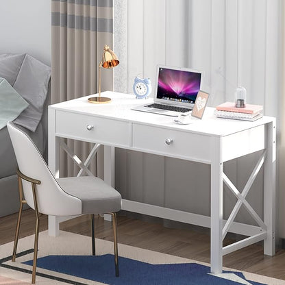 WiberWi Home Office Desk with Drawers, Modern Writing Computer Desk for Bedroom, Small Makeup Vanity Table Study Table for Home Office,White