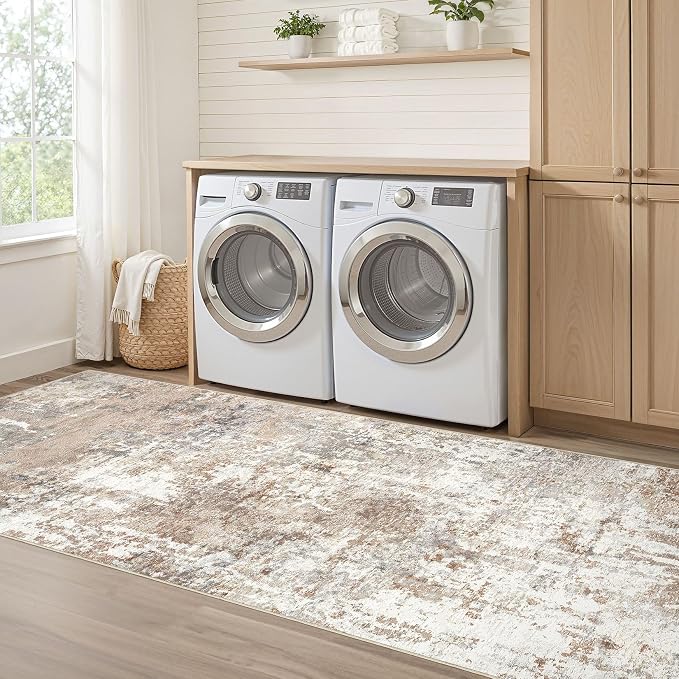 Runner Rug Kitchen Washable Rugs: 3x10 Non-Slip Abstract Soft Modern Stain Resistant Indoor Floor Neutral Accent Throw Carpet for Hallway Bathroom Laundry Room Entryway Bedroom- Brown