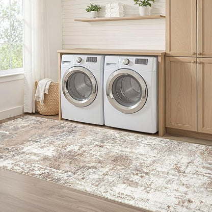 Runner Rug Kitchen Washable Rugs: 2x5 Non-Slip Abstract Soft Modern Stain Resistant Indoor Floor Neutral Accent Throw Carpet for Hallway Bathroom Laundry Room Entryway Bedroom- Brown