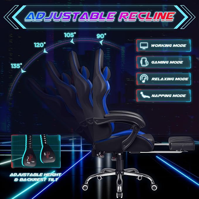 Shahoo Gaming Chair with Footrest and Massage Lumbar Support, Computer Game Chairs Ergonomic Office Seat Height Adjustable with Headrest, Blue
