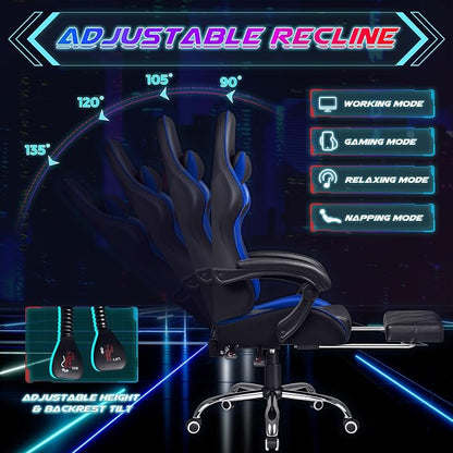 Shahoo Gaming Chair with Footrest and Massage Lumbar Support, Computer Game Chairs Ergonomic Office Seat Height Adjustable with Headrest, Blue