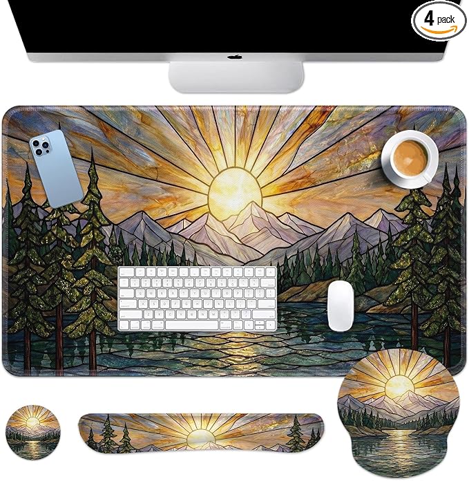 Britimes Mountain Gold Sun Keyboard Mouse Pad Set Nature Forest 4in1 Large Mousepad+Keyboard Wrist Rest+Mouse Wrist Rest+Coaster Ergonomic Design for Home Office Computer 35.4x15.7 inches