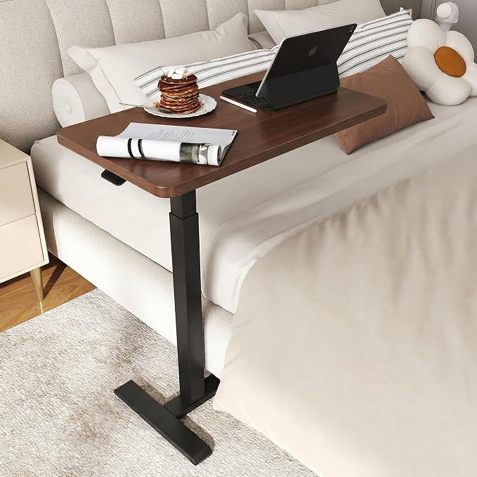 ROMOON Overbed Bedside Table with Wheels, Rolling Height Adjustable Standing Desk, Mobile Laptop Cart with Sturdy Frame for Hospital, Home and Small Space (27.6" W x 15.7" D, Walnut)