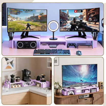 LEKETREE Dual Monitor Stand Riser with Drawer, Desk Organizer and Accessories, Monitor Stand for Desk, Desktop Stand for Computer, Laptop, TV and More (Purple)