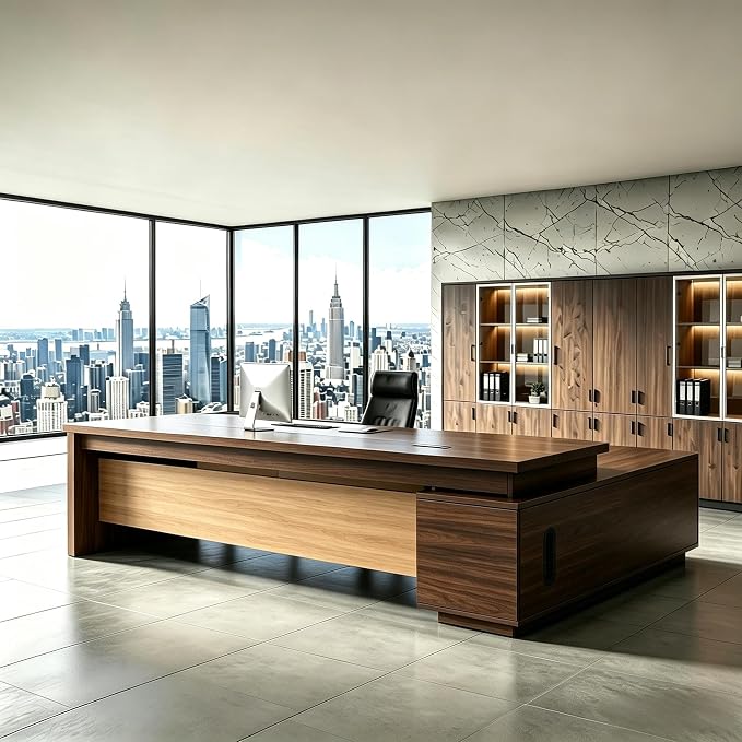 L Shaped Executive Desk with Drawers, Modern Large Wood Home Office Desk, Computer Desk with Storage for Boss Office Workstation