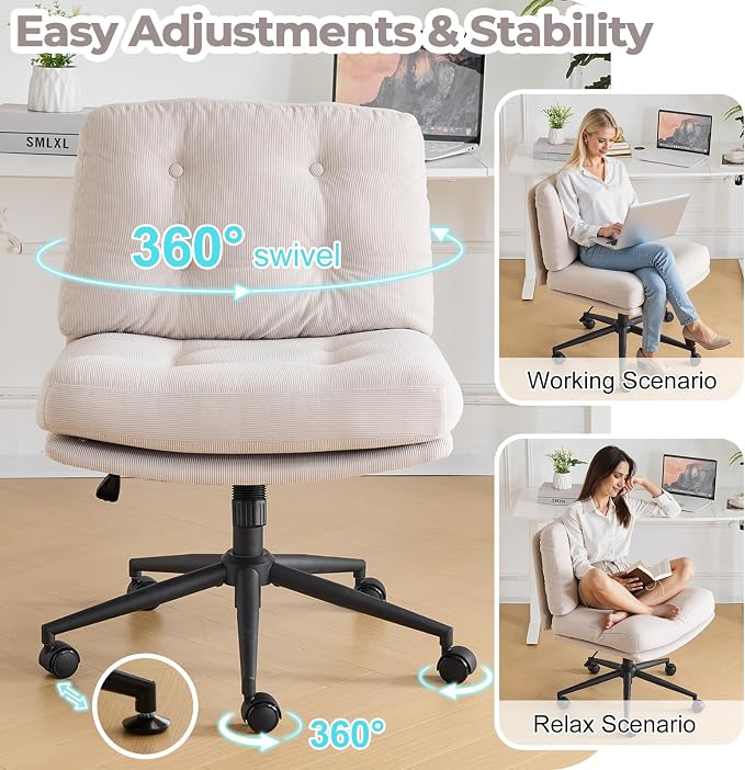 VINGLI Criss Cross Cloud Seat,Comfy Corduroy Cross Legged Office Desk Chair with/no Wheels,Cute Vanity Stool, Adjustable Wide Seat,Modern Swivel Perch for Study, Make Up, Home Office，Light Khaki