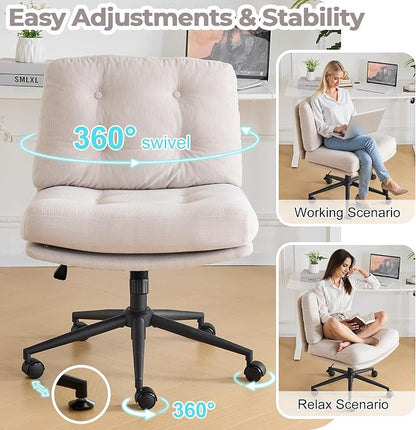 VINGLI Criss Cross Cloud Seat,Comfy Corduroy Cross Legged Office Desk Chair with/no Wheels,Cute Vanity Stool, Adjustable Wide Seat,Modern Swivel Perch for Study, Make Up, Home Office，Light Khaki