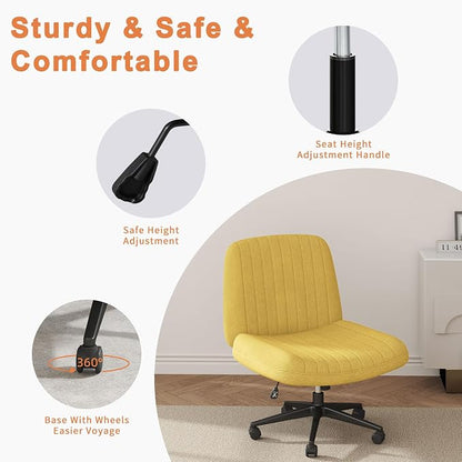 Shintenchi Criss Cross Chair,Cross Legged Office Seat with Wheels Armless Swivel Vanity Chair,Height Adjustable Wide Computer Task Seating for Home Office,Yellow ﻿