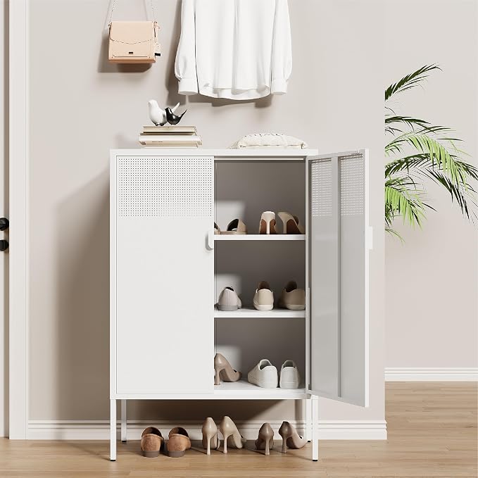 Metal Storage Cabinet,2 Door TV Stand, Metal Mesh Accent Cabinet,Magnetic Door Closure,Low Storage Cabinets with Doors and Shelf for Home,Office,Living Room