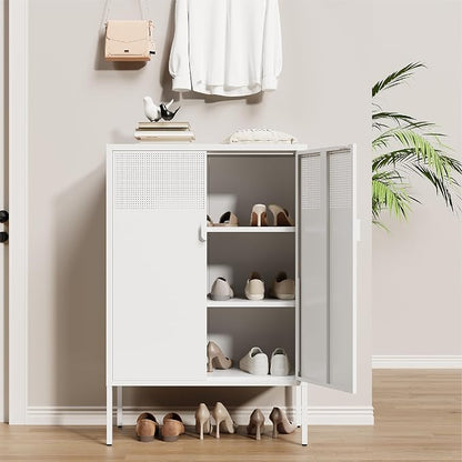Metal Storage Cabinet,2 Door TV Stand, Metal Mesh Accent Cabinet,Magnetic Door Closure,Low Storage Cabinets with Doors and Shelf for Home,Office,Living Room