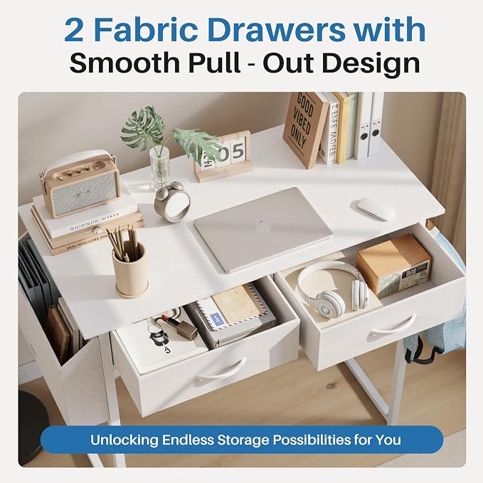 OLIXIS 32 Inch Small Desk with Fabric Drawers for Home Office, Gaming Computer Desk with Side Bag & Headphone Hook, Writing Study Work Table for Bedroom Small Space, White