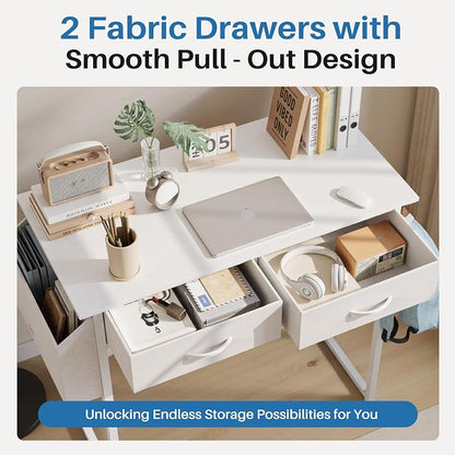 OLIXIS 32 Inch Small Desk with Fabric Drawers for Home Office, Gaming Computer Desk with Side Bag & Headphone Hook, Writing Study Work Table for Bedroom Small Space, White