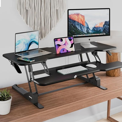 Mount-It! 47" Standing Desk Converter, XL Desktop Sit-Stand Desk Riser with Gas Spring Height Adjustment, Wide Desk Topper for Dual Monitors or Monitor & Laptop, Keyboard Tray, Black
