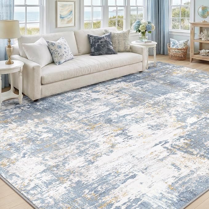 RELEANY Washable Area Rugs 9'x12' Non-Slip Modern Abstract Soft for Living Room Entryway Bedroom Kitchen, Print Pattern, Light Blue