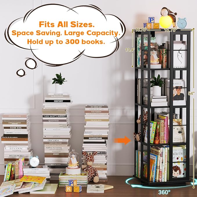 Aheaplus Rotating Bookshelf, Corner Bookshelf, 360 Display Wood Spinning Bookshelfs, Floor Standing Bookcase Narrow Shelf Revolving Organizer Storage Rack for Small Space, Bedroom, Study Room, Black