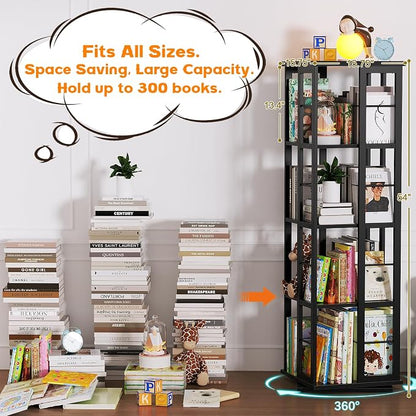 Aheaplus Rotating Bookshelf, Corner Bookshelf, 360 Display Wood Spinning Bookshelfs, Floor Standing Bookcase Narrow Shelf Revolving Organizer Storage Rack for Small Space, Bedroom, Study Room, Black