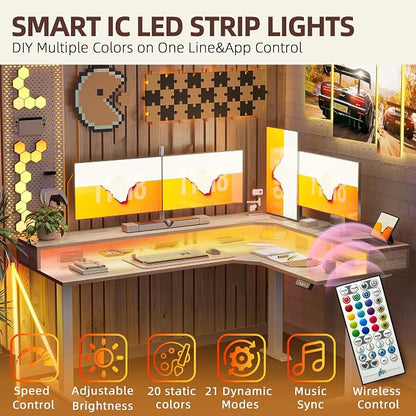 TIQLAB 63'' L-Shaped Standing Desk with LED Light Strip and Power Outlet, Height Adjustable Corner Table with Ergonomic Monitor Stand, Maple