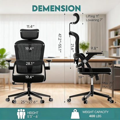 Ergonomic Office Chair - 400LB Comfy Desk Chairs with Adjustable Headrest and Lumbar Back Support, Mesh Computer Chairs with Wheels and Arms for Home Office, Study (218Black-With Headrest-NEW)