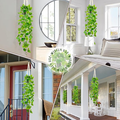 Fake Pothos in Rope - Hanging Pot, Artificial Pothos Plants for Home Decor Indoor Macrame Plant Hanger with Faux Vine Hanging Planter Greenery for Bedroom Bathroom Kitchen Office Decor