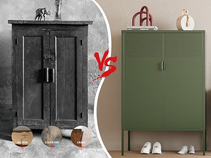 Metal Storage Cabinet,2 Door TV Stand, Metal Mesh Accent Cabinet,Magnetic Door Closure,Low Storage Cabinets with Doors and Shelves