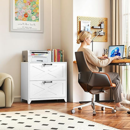 Farmhouse File Cabinet with Lock, Lateral File Cabinet with 2 Large Drawer for Letter/Legal/A4 Hanging Files,File Storage Cabinets Printer Stand for Home Office School, White