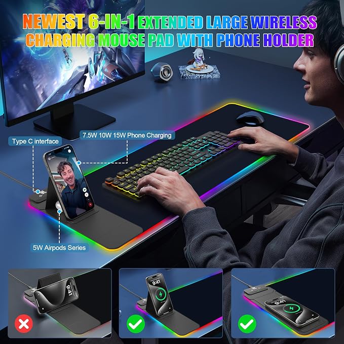 RGB Mouse Pad with Foldable Phone Stand Wireless Charger, 31.5"x11.8" XL Gaming Mousepad Large Desk Mat, Desk Pad with 11 Colors 5 Modes, Waterproof