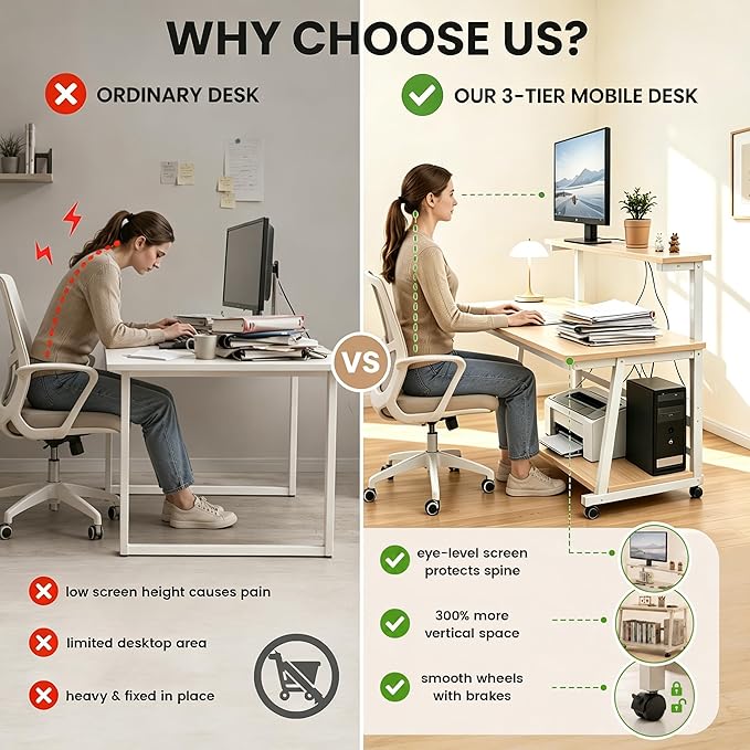 31.5 Inch Compact Rolling Computer Desk with Tier Worktable & Lockable Wheels, Small Computer Desk, Small Desk for Bedroom, Mobile Writing Workstation Easy Assembly for Home Office Small Spaces