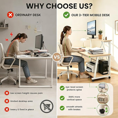 39.4 Inch Compact Rolling Computer Desk with Tier Worktable & Lockable Wheels, Small Computer Desk, Small Desk for Bedroom, Mobile Writing Workstation Easy Assembly for Home Office Small Spaces