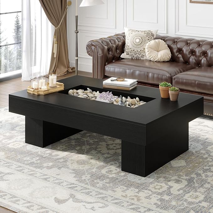 LVB Black Coffee Table, Modern Wood Led Living Room Table with Storage, Unique Large Wide Rectangle Center Table with LED Light, Contemporary low Tea Table for Bedroom Home Office, 47.24 In, Black Oak