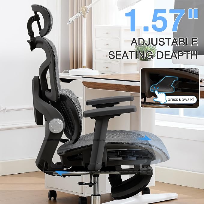 Ergonomic MeshOffice Chair with 2-Zone Lumbar Support and Footrest,Black | Big and Tall, 400LBS, Adjustable Seat Depth, 4D Headrest, 4D Armrests Swivel Executive Chair for Home Office