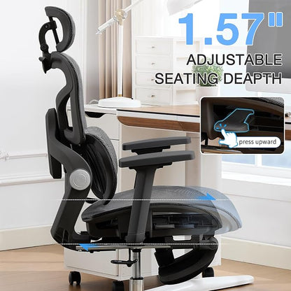 Ergonomic MeshOffice Chair with 2-Zone Lumbar Support and Footrest,Black | Big and Tall, 400LBS, Adjustable Seat Depth, 4D Headrest, 4D Armrests Swivel Executive Chair for Home Office