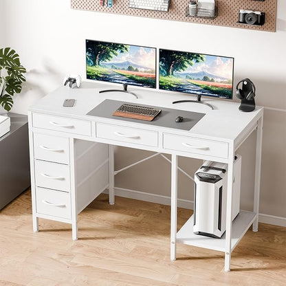 47" Computer Desk with 6 Drawers, Home Office Gaming Desks with Storage Shelves for Bedroom, Writing Study Corner Living Room Work Table White
