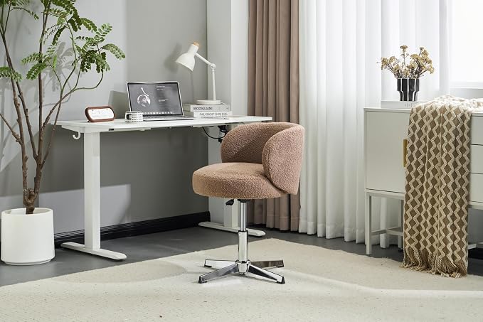 VINGLI Cute Small Swivel Desk Chair Comfy no Wheels,Ergonomic Low-Back Lumbar Support Vanity Nail Tech Computer Task Stool Chair for Home Office,Height Adjustable,Teddy Fleece,Brown