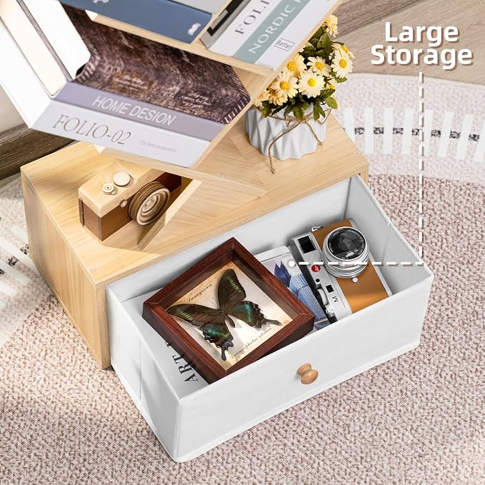 SHEEPAM 8 Tier Tree Bookshelf with Drawer, Free Standing Wood Bookcase for Narrow Space, Storage Organizer Bookshelves for Books, Book Case for Home Office, Living Room, Bedroom - Natural