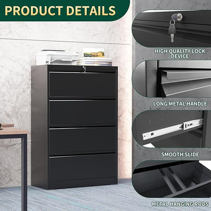 4 Drawer Lateral File Cabinet with Lock, Black Metal File Cabinets for Home Office, Steel Heavy-Duty Filing Storage Cabinet for Letters/Legal/A4, Require Assembly