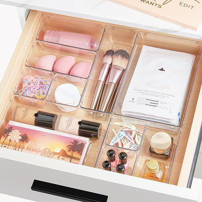 Vtopmart 15 PCS Clear Plastic Drawer Organizers Set, 4-Size Versatile Bathroom and Vanity Organizer Trays, Non-Slip Storage Containers for Makeup, Jewelries, Bedroom，Kitchen Utensils and Office