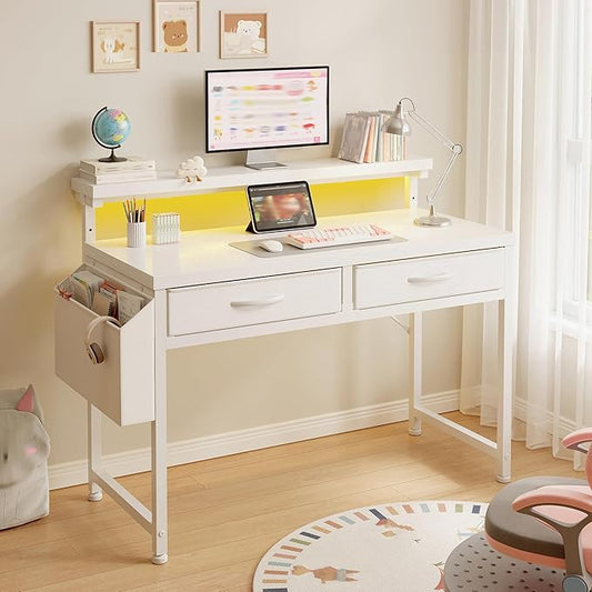 DurayLoly 32" Computer Desk with 2Drawers and Side Pocket for Teenagers,Office Desk with Monitor Stand and LED Lights, Study Writing Table with Anti-Tip Design for Small Spaces,Glacier White