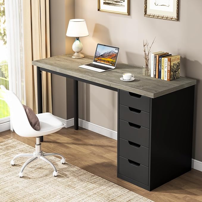 Tribesigns Computer Desk with 5 Drawers, 47 inches Rustic Brown Home Office Desk with Storage, Modern Simple Laptop Desk Study Writing Table for Small Spaces (1, Grey+Black)