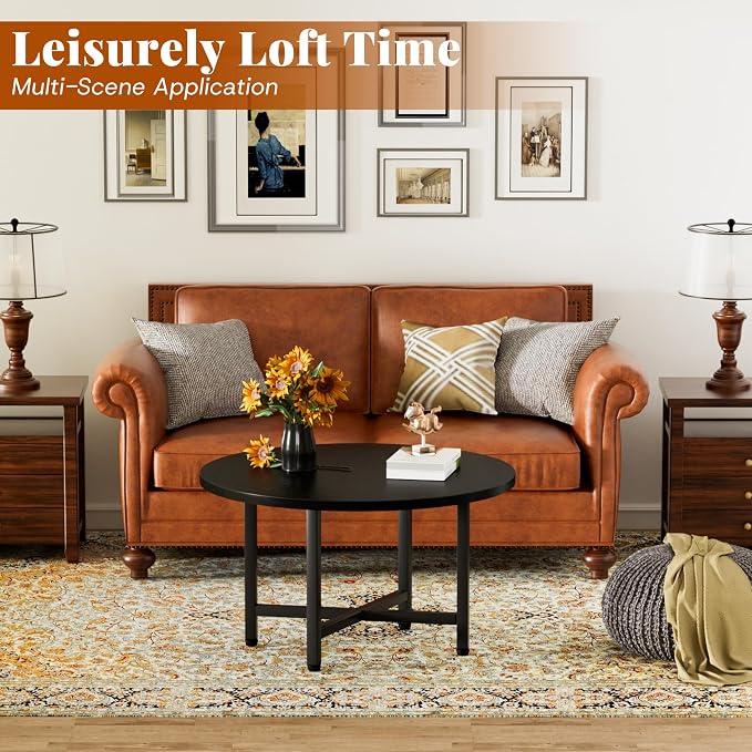 Coffee Table, 23.6" Small Coffee Tables, Black Round Coffee Tables for Living Room, Floor Table for Sitting on The Floor, Center Coffee Table with Metal Frame for Office Apartment Home
