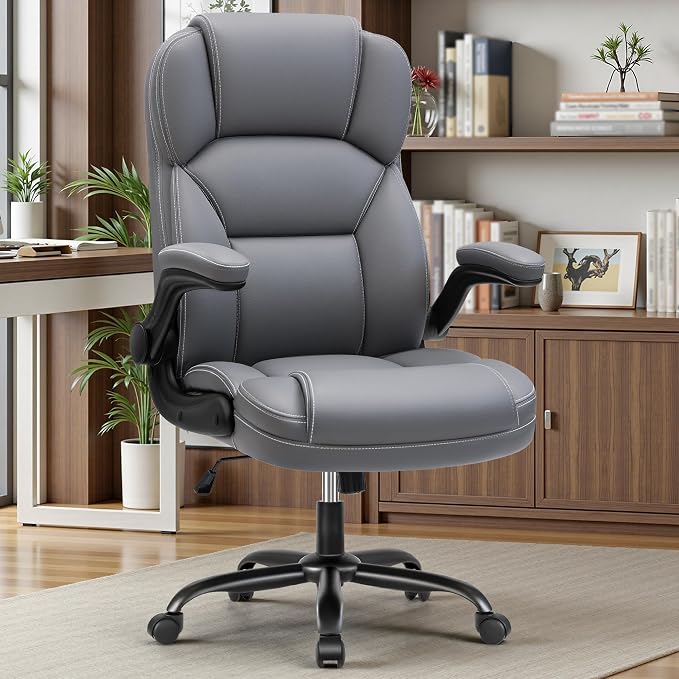 PU Leather Office Chair, Ergonomic High-Back Desk Computer & Gaming Chair with Adjustable Height, Rolling Swivel & Flip-Up Armrests, Comfy Padded Seat for Home Office-Gray
