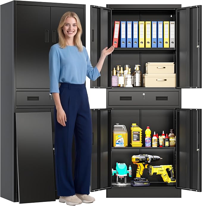 CJF 71" H Tall Metal Storage Cabinet with Drawer, Locking Garage Cabinet with 2 Adjustable Shelves, Heavy-Duty Tool File Storage Cabinets for Home Office, Kitchen, Warehouse, Shop (Black)