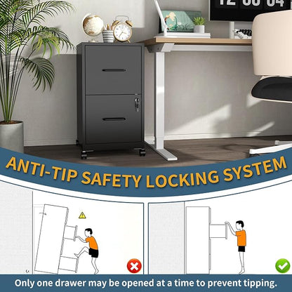 2 Drawer File Cabinet on Wheels,Mobile Filing Cabinets with Lock,Metal Storage Cabinet,Vertical Filing Cabinets for Home Office,Rolling File Cabinet for Under Desk,Amssebly Required, Black