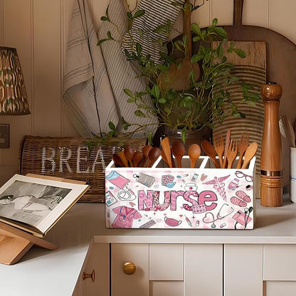 Pink Nurse Pen Holder, Nurses Appreciation Gifts Pencil Holder for Desk, Nurse Office Decor, Nursing Nurses Gifts for Women Wooden Box Sign Decorations for Office Desk Tabletop
